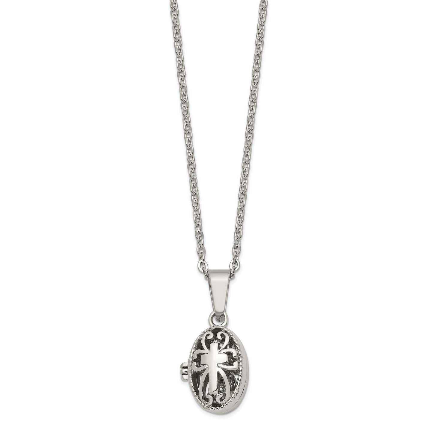 Stainless Steel Chisel Polished And Antiqued Oval Magnetic Prayer Box On An 18 Inch Cable Chain Necklace