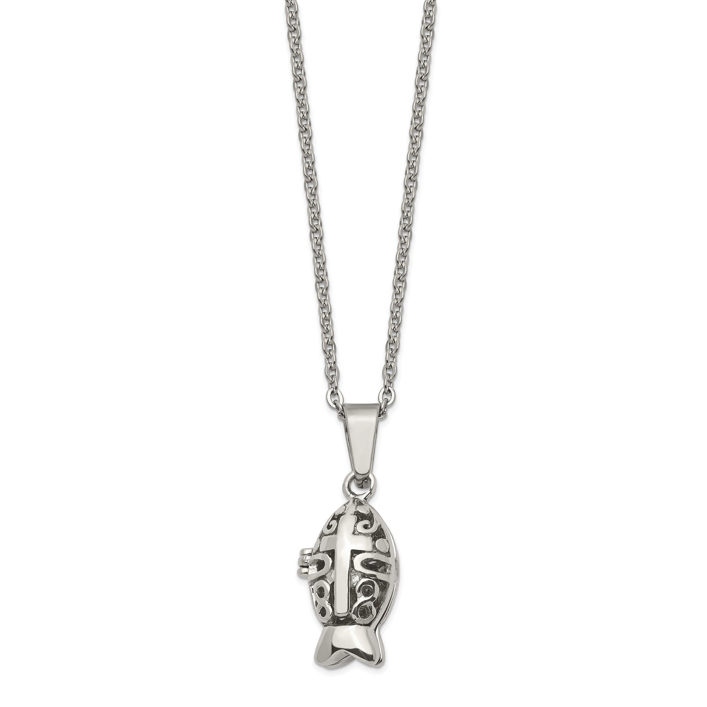 Stainless Steel Chisel Polished And Antiqued Magnetic Fish Prayer Box On An 18 Inch Cable Chain Necklace