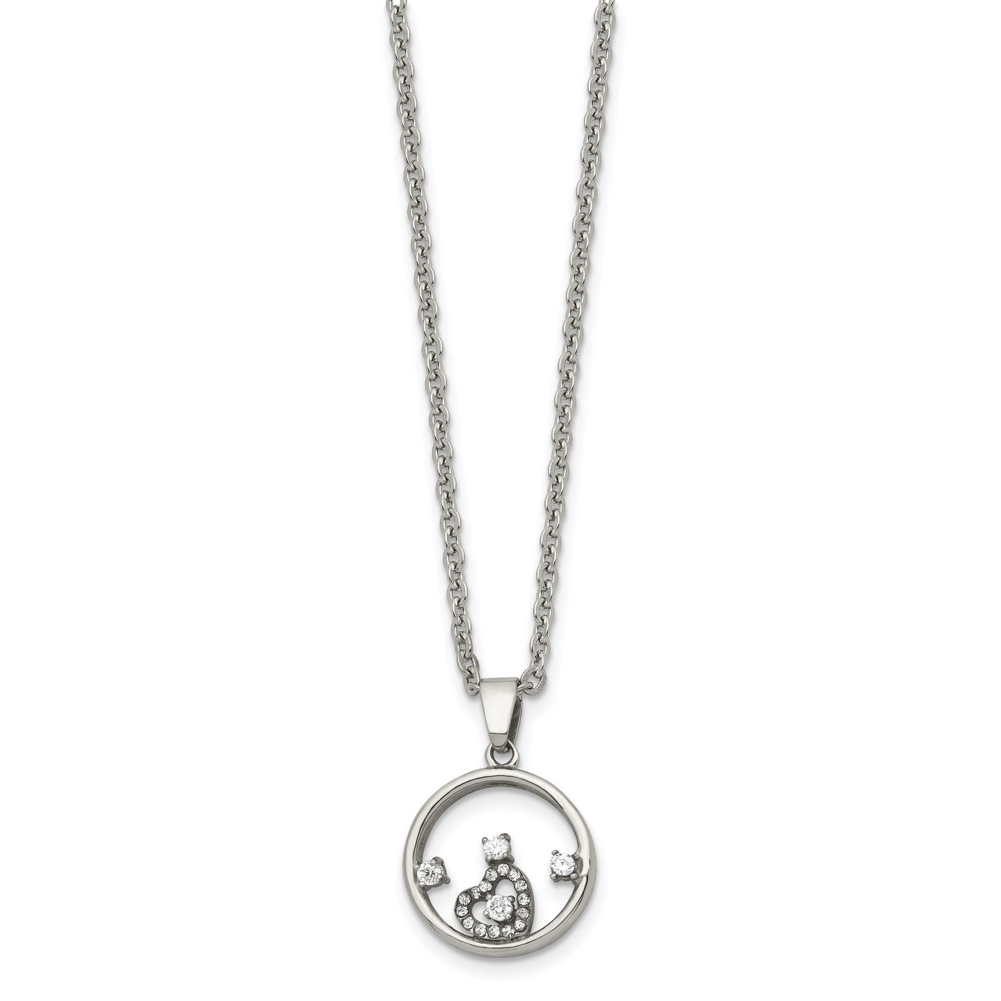 Stainless Steel Chisel Polished Circle With Cz And Heart Pendant On An 18 Inch Cable Chain Necklace