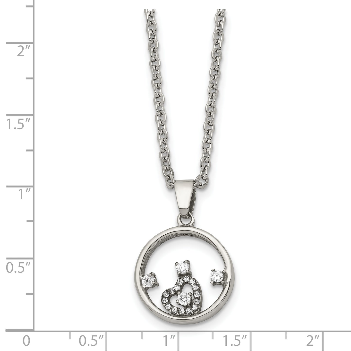 Stainless Steel Chisel Polished Circle With Cz And Heart Pendant On An 18 Inch Cable Chain Necklace