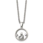 Stainless Steel Chisel Polished Circle With Cz And Heart Pendant On An 18 Inch Cable Chain Necklace