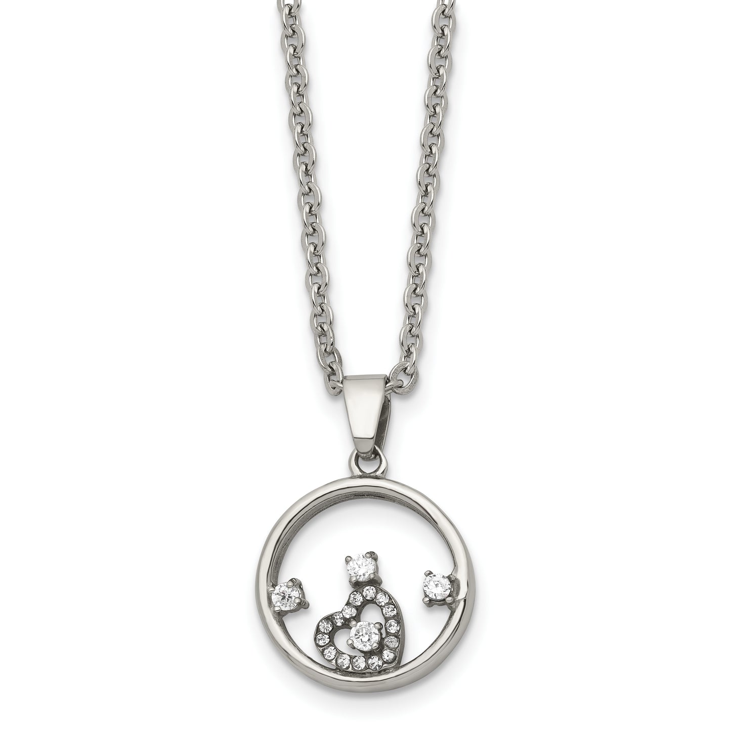 Stainless Steel Chisel Polished Circle With Cz And Heart Pendant On An 18 Inch Cable Chain Necklace