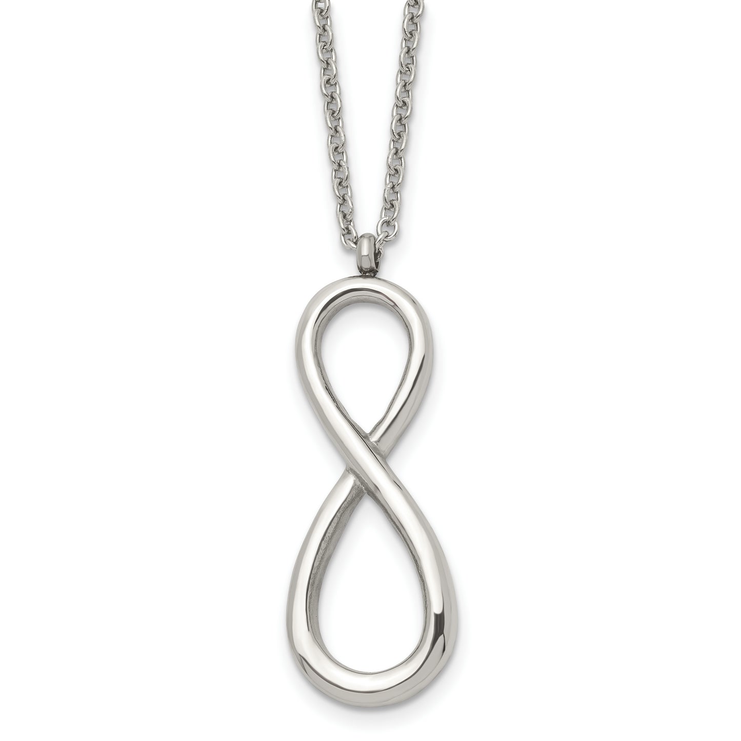 Stainless Steel Chisel Polished Infinity Symbol On An 18 Inch Cable Chain Necklace