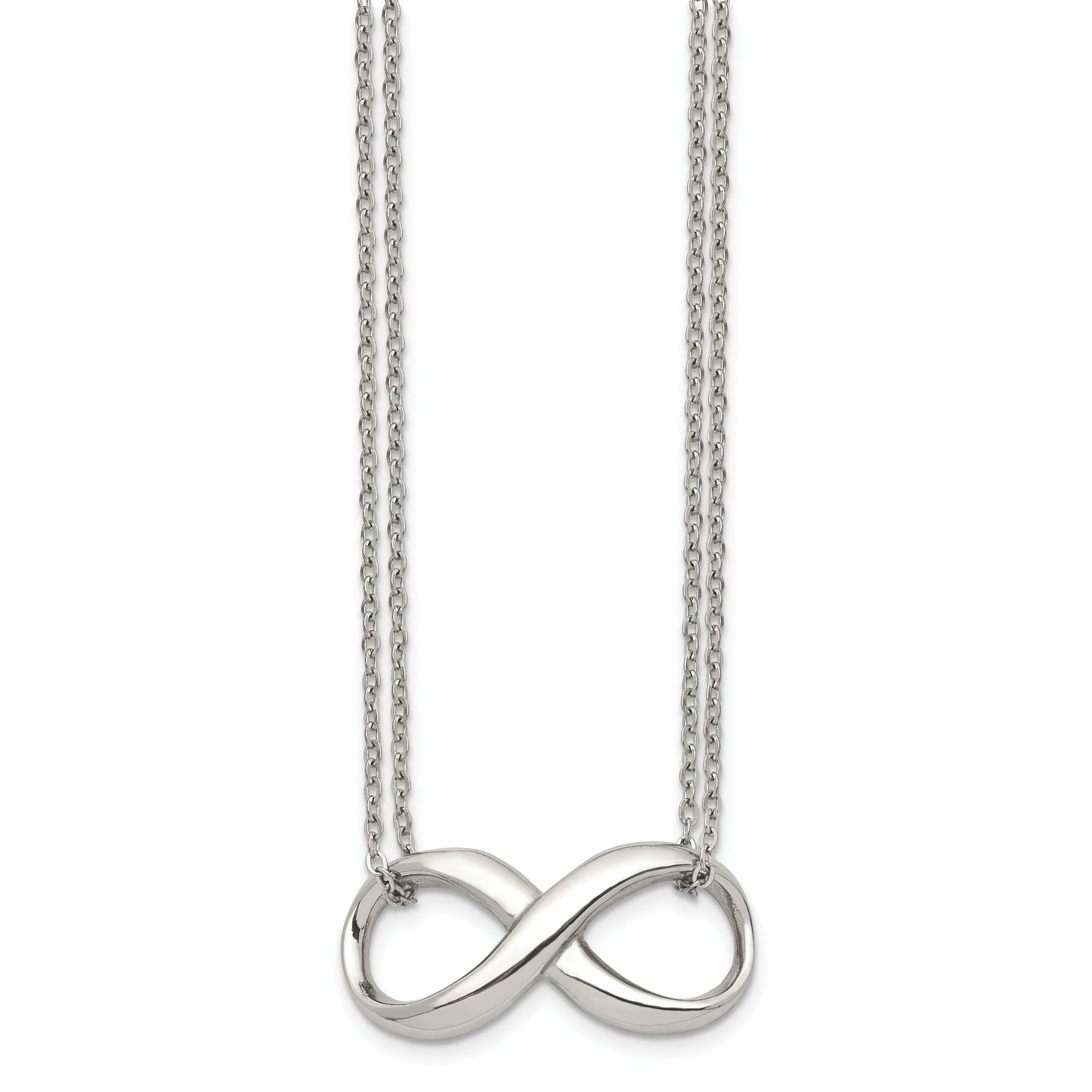 Stainless Steel Chisel Polished Infinity Symbol On An 18 Inch 2-Strand Cable Chain Necklace