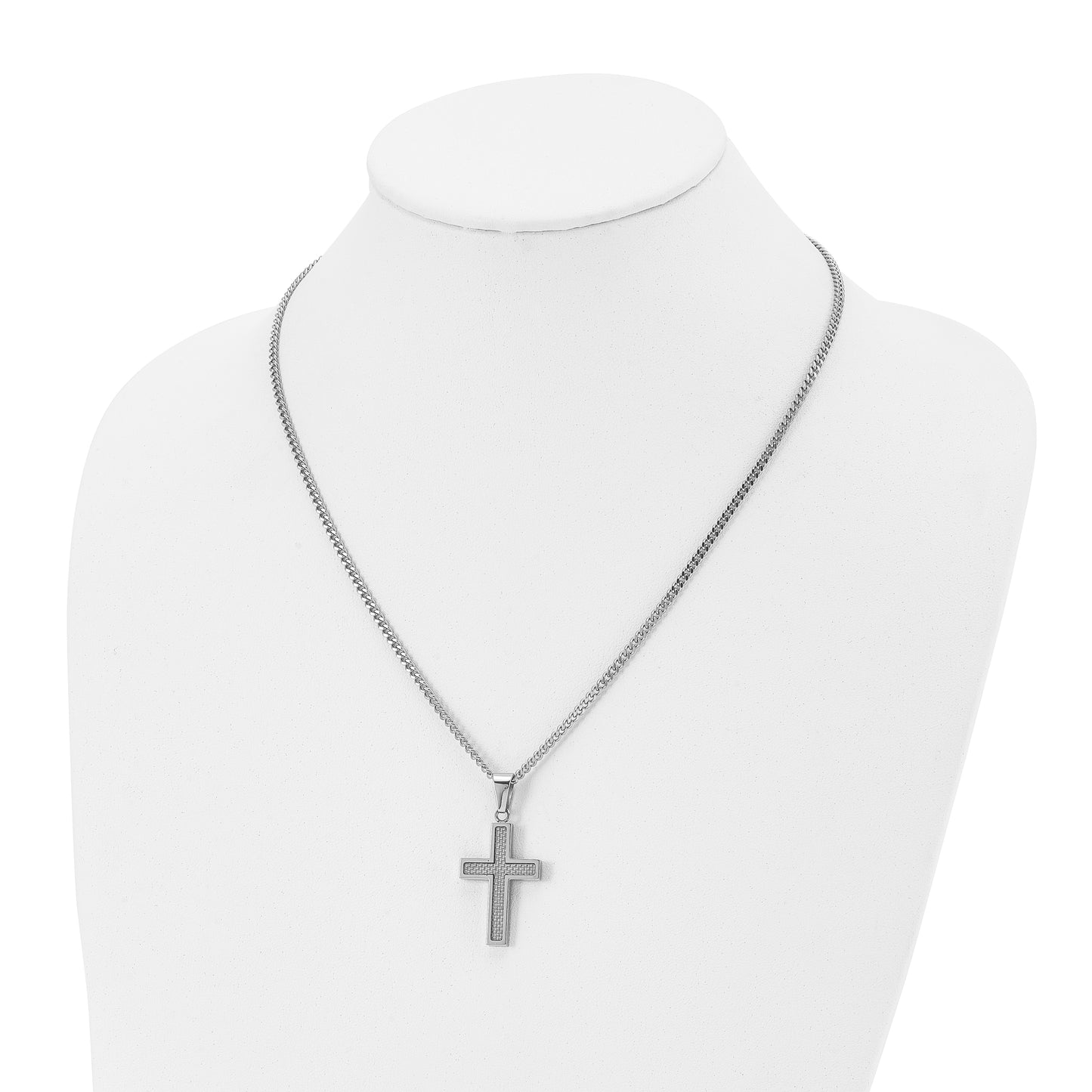 Stainless Steel Chisel Polished With Grey Carbon Fiber Inlay Small Cross Pendant On A 20 Inch Curb Chain Necklace