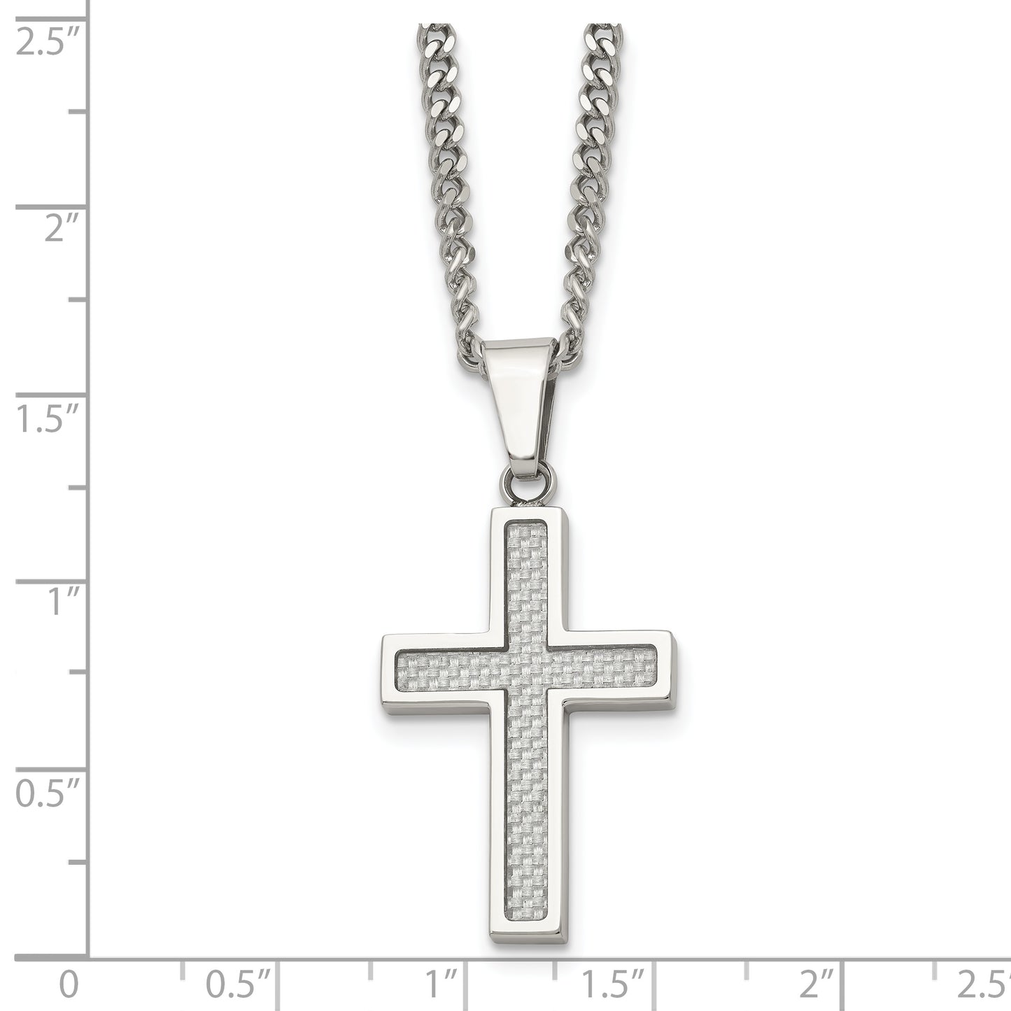 Stainless Steel Chisel Polished With Grey Carbon Fiber Inlay Small Cross Pendant On A 20 Inch Curb Chain Necklace