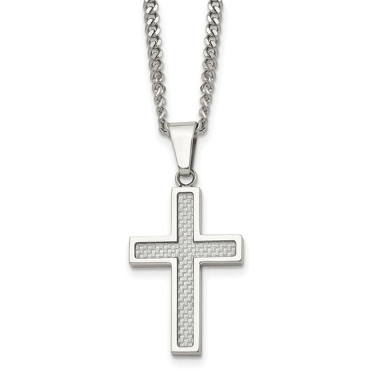 Stainless Steel Chisel Polished With Grey Carbon Fiber Inlay Small Cross Pendant On A 20 Inch Curb Chain Necklace