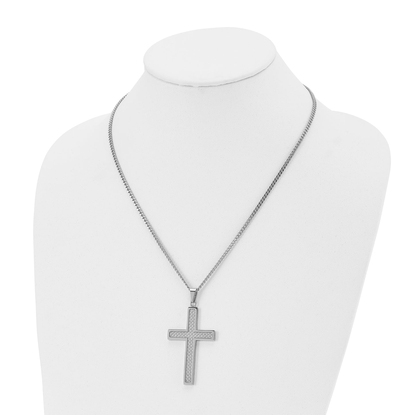 Stainless Steel Chisel Polished With Grey Carbon Fiber Inlay Large Cross Pendant On A 20 Inch Curb Chain Necklace