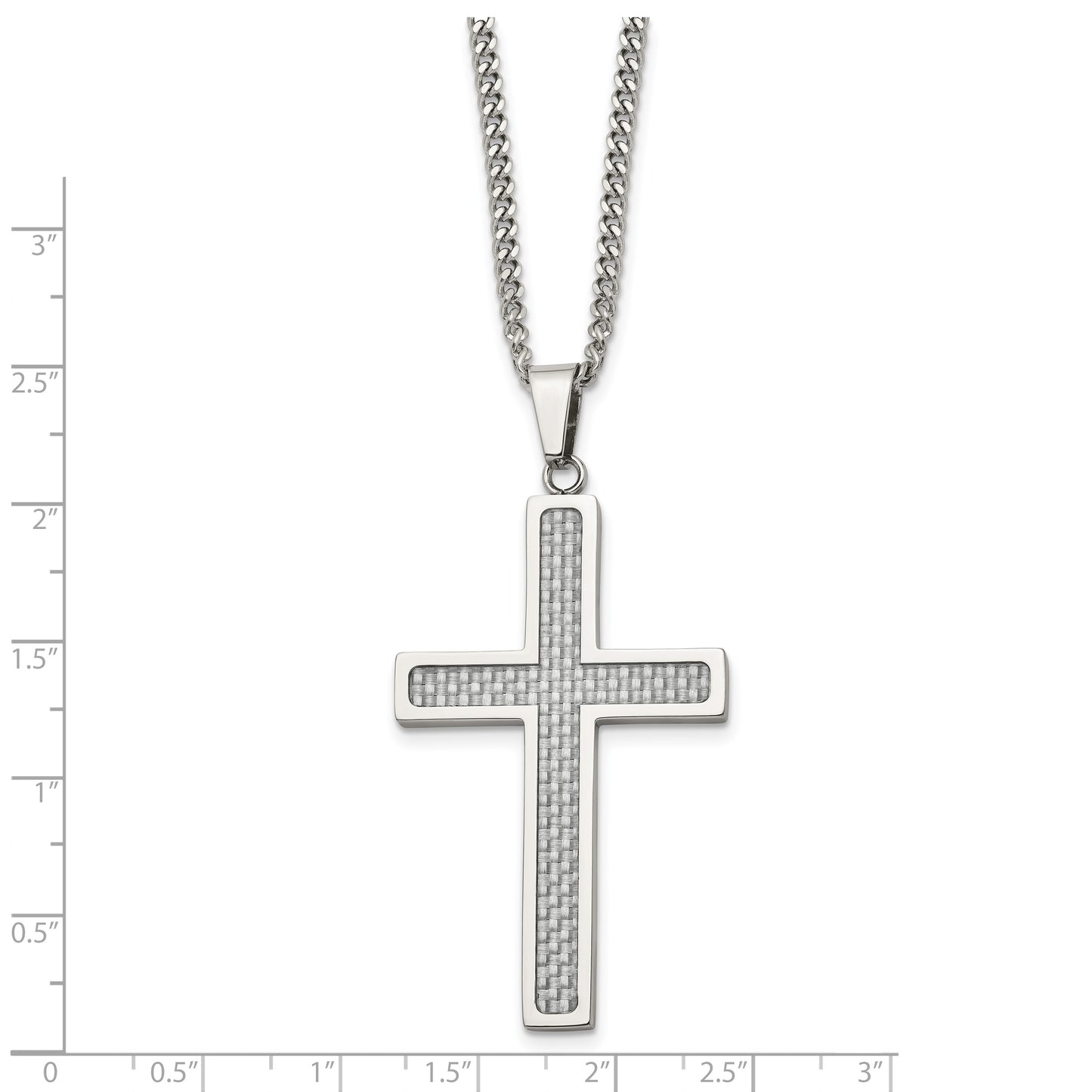 Stainless Steel Chisel Polished With Grey Carbon Fiber Inlay Large Cross Pendant On A 20 Inch Curb Chain Necklace