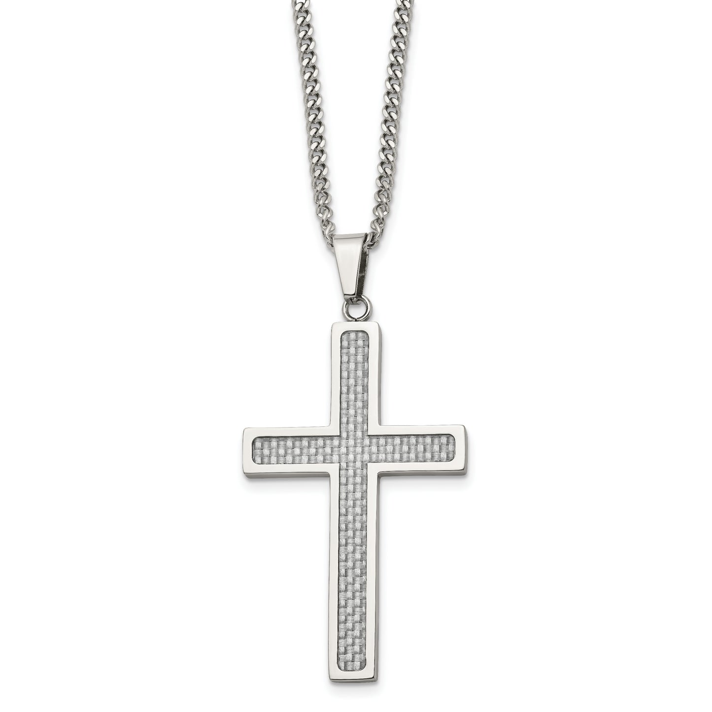 Stainless Steel Chisel Polished With Grey Carbon Fiber Inlay Large Cross Pendant On A 20 Inch Curb Chain Necklace