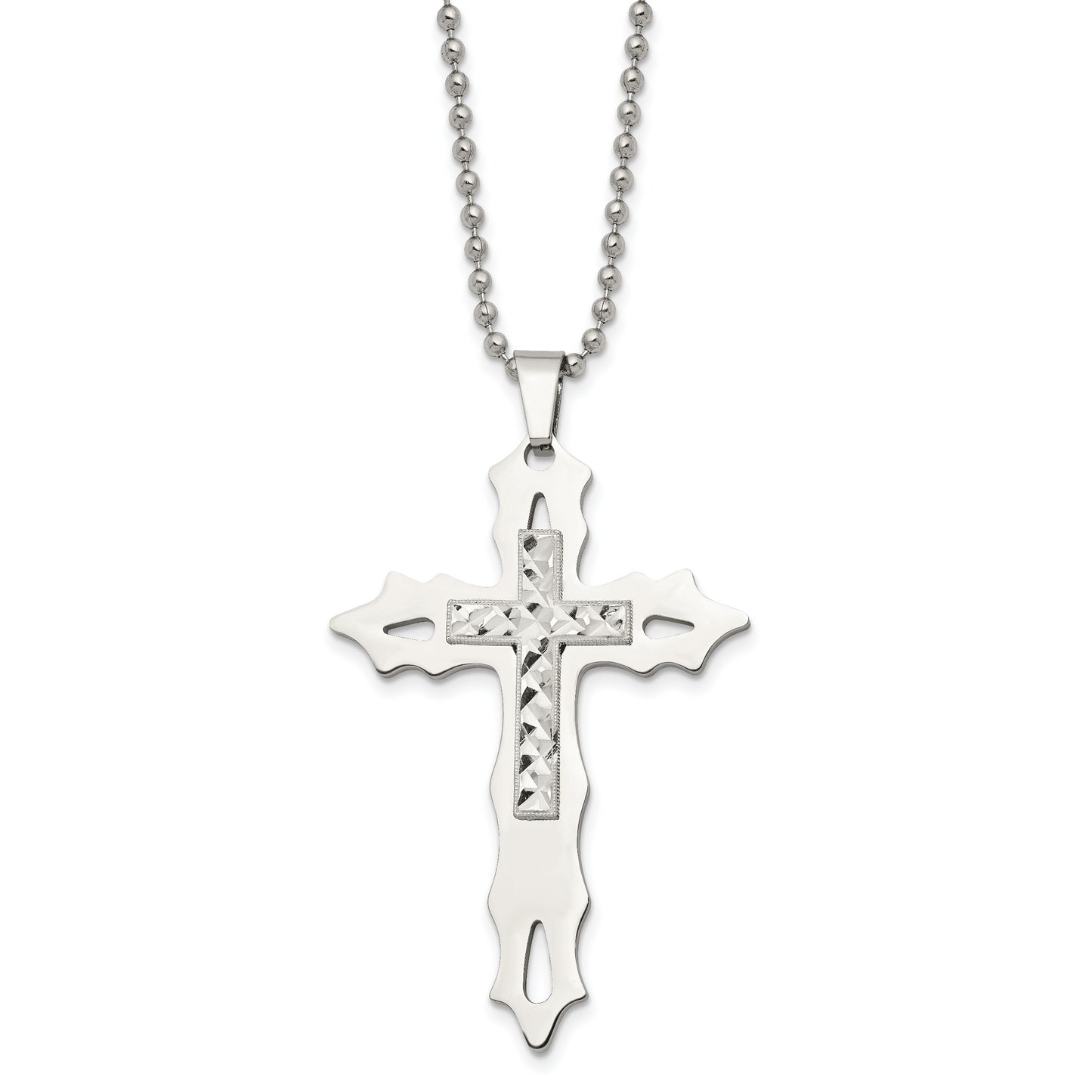 Stainless Steel Chisel Polished With Sterling Silver Inlay Cross Pendant On A 20 Inch Ball Chain Necklace