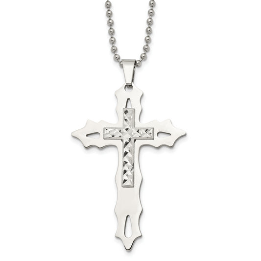 Stainless Steel Chisel Polished With Sterling Silver Inlay Cross Pendant On A 20 Inch Ball Chain Necklace