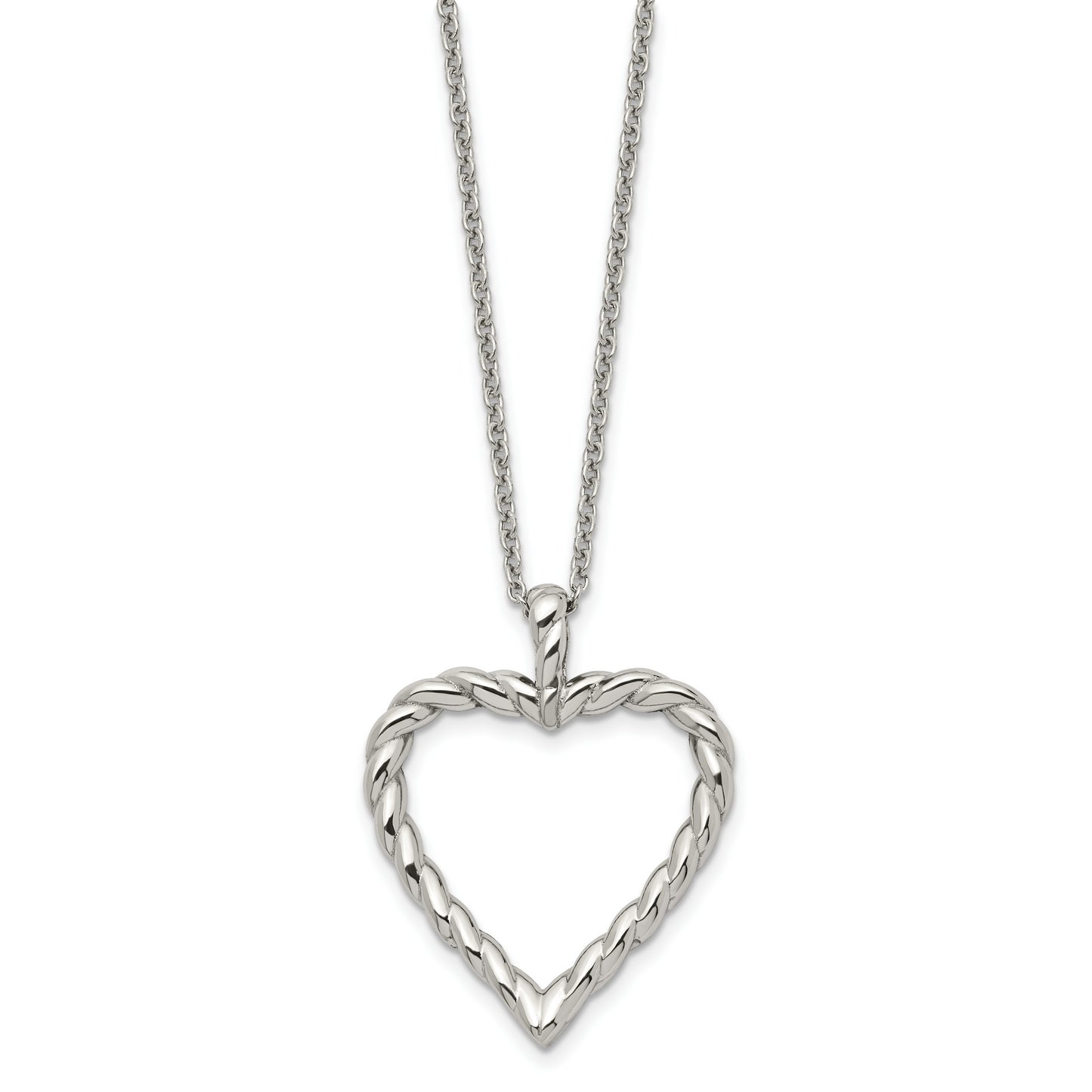 Stainless Steel Chisel Polished Twisted Heart Pendant On An 18 Inch Cable Chain Necklace