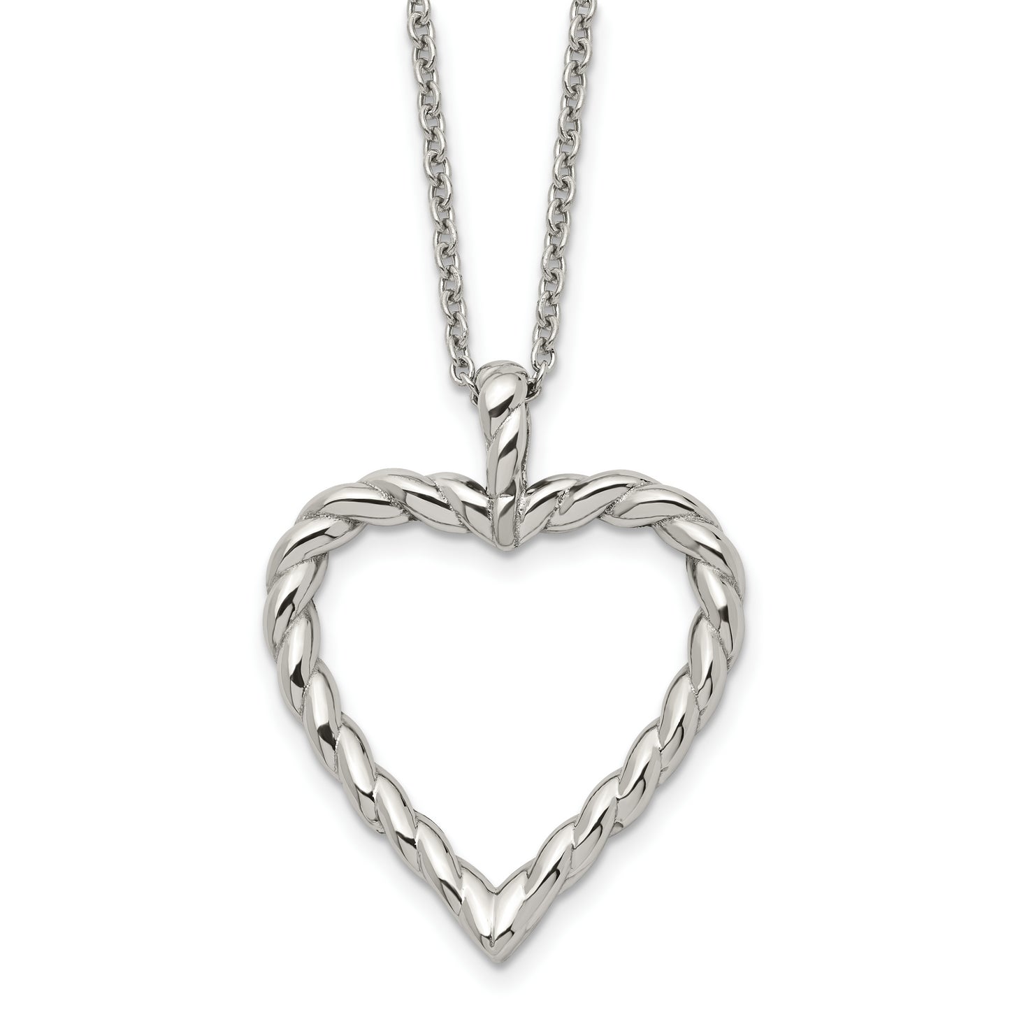 Stainless Steel Chisel Polished Twisted Heart Pendant On An 18 Inch Cable Chain Necklace