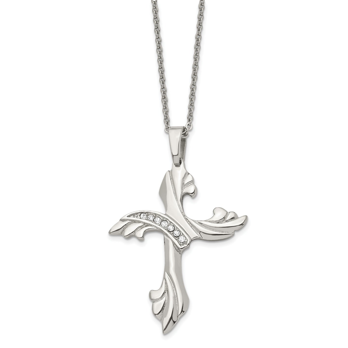 Stainless Steel Chisel Polished With Cz Swirl Cross Pendant On A 20 Inch Cable Chain Necklace