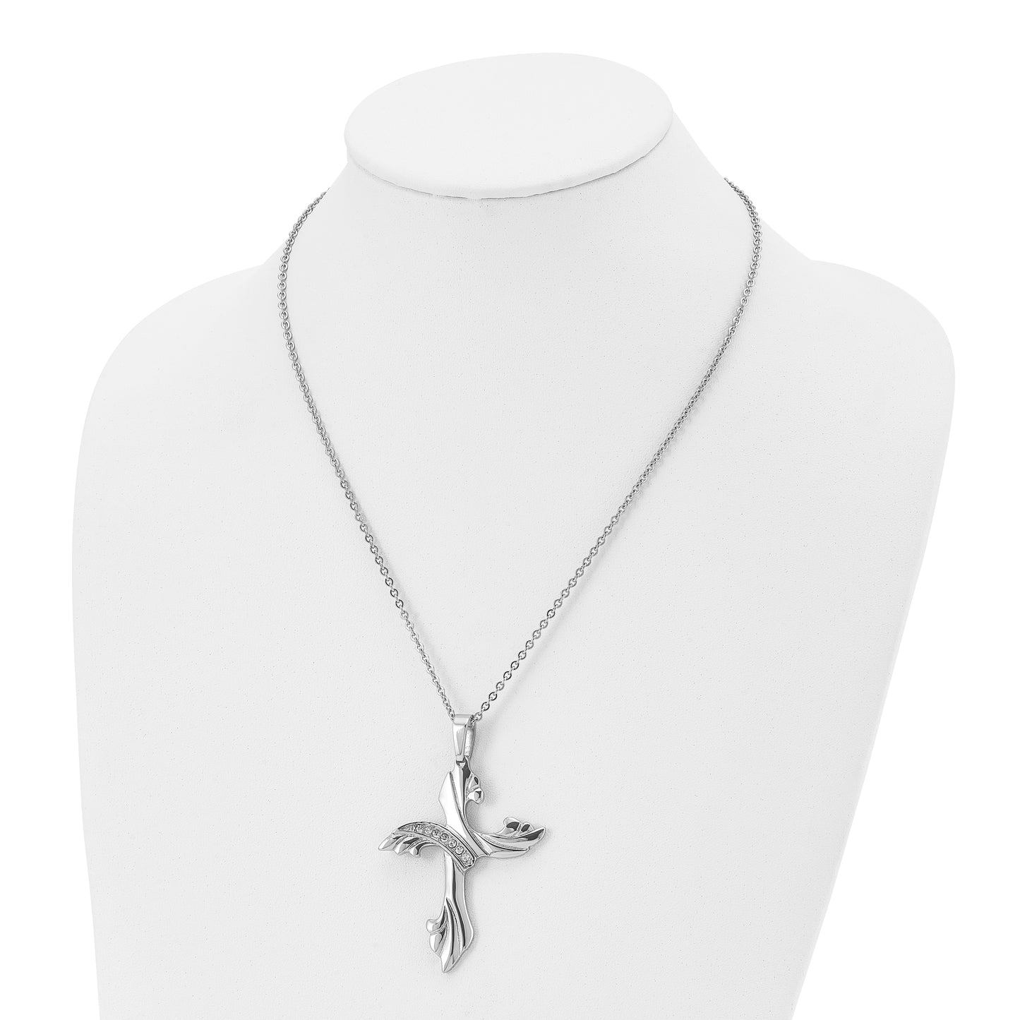 Stainless Steel Chisel Polished With Cz Swirl Cross Pendant On A 20 Inch Cable Chain Necklace