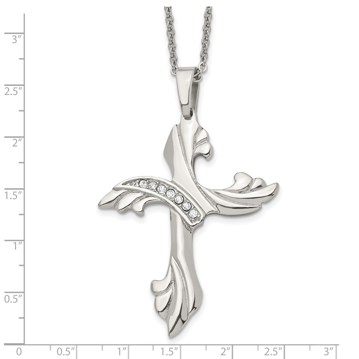 Stainless Steel Chisel Polished With Cz Swirl Cross Pendant On A 20 Inch Cable Chain Necklace