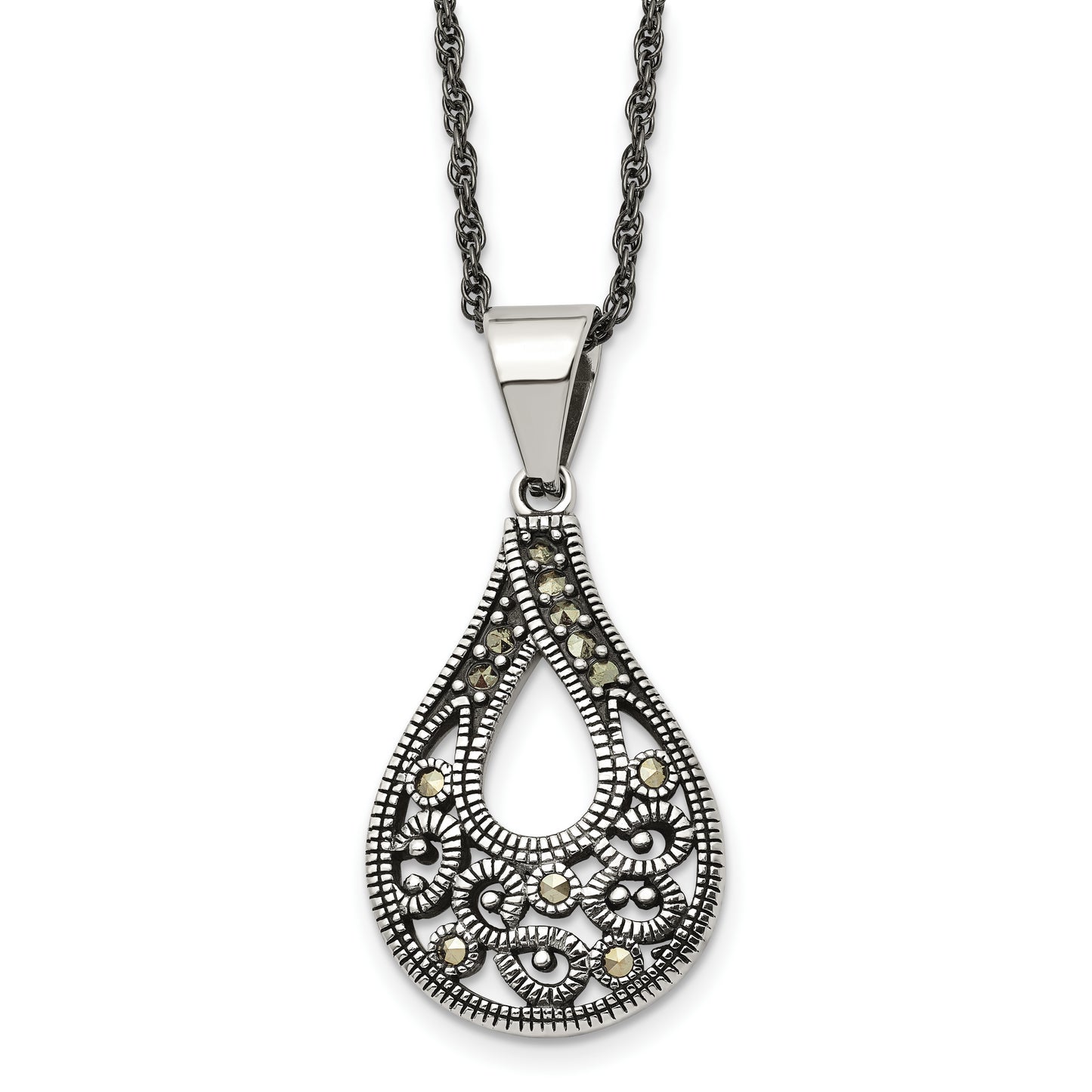 Stainless Steel Chisel Antiqued, Polished And Textured Marcasite Teardrop Pendant On A 20 Inch Singapore Chain Necklace