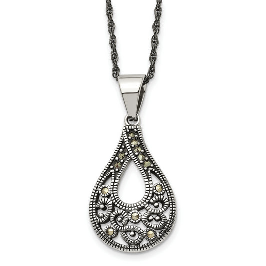 Stainless Steel Chisel Antiqued, Polished And Textured Marcasite Teardrop Pendant On A 20 Inch Singapore Chain Necklace