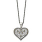 Stainless Steel Chisel Antiqued And Polished With Marcasite Heart Pendant On A 20 Inch Singapore Chain Necklace