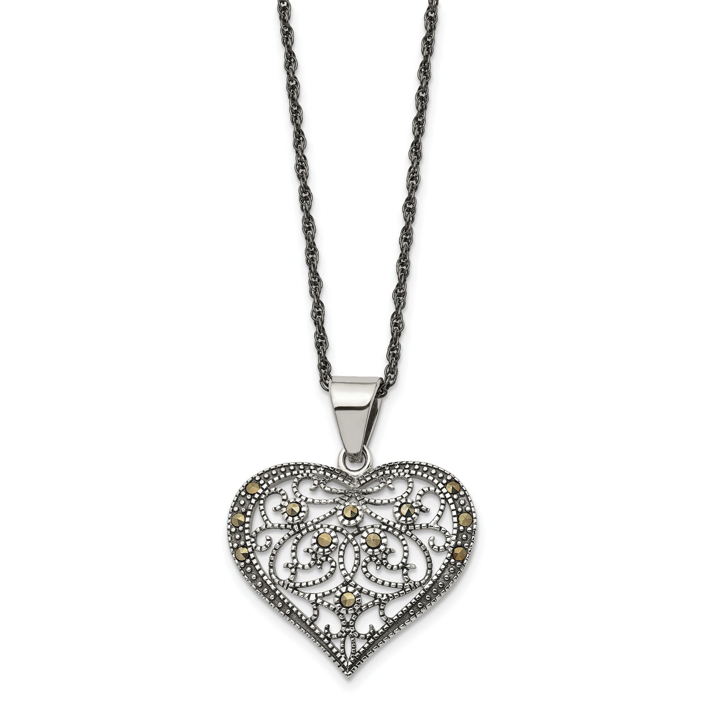 Stainless Steel Chisel Antiqued And Polished With Marcasite Heart Pendant On A 20 Inch Singapore Chain Necklace