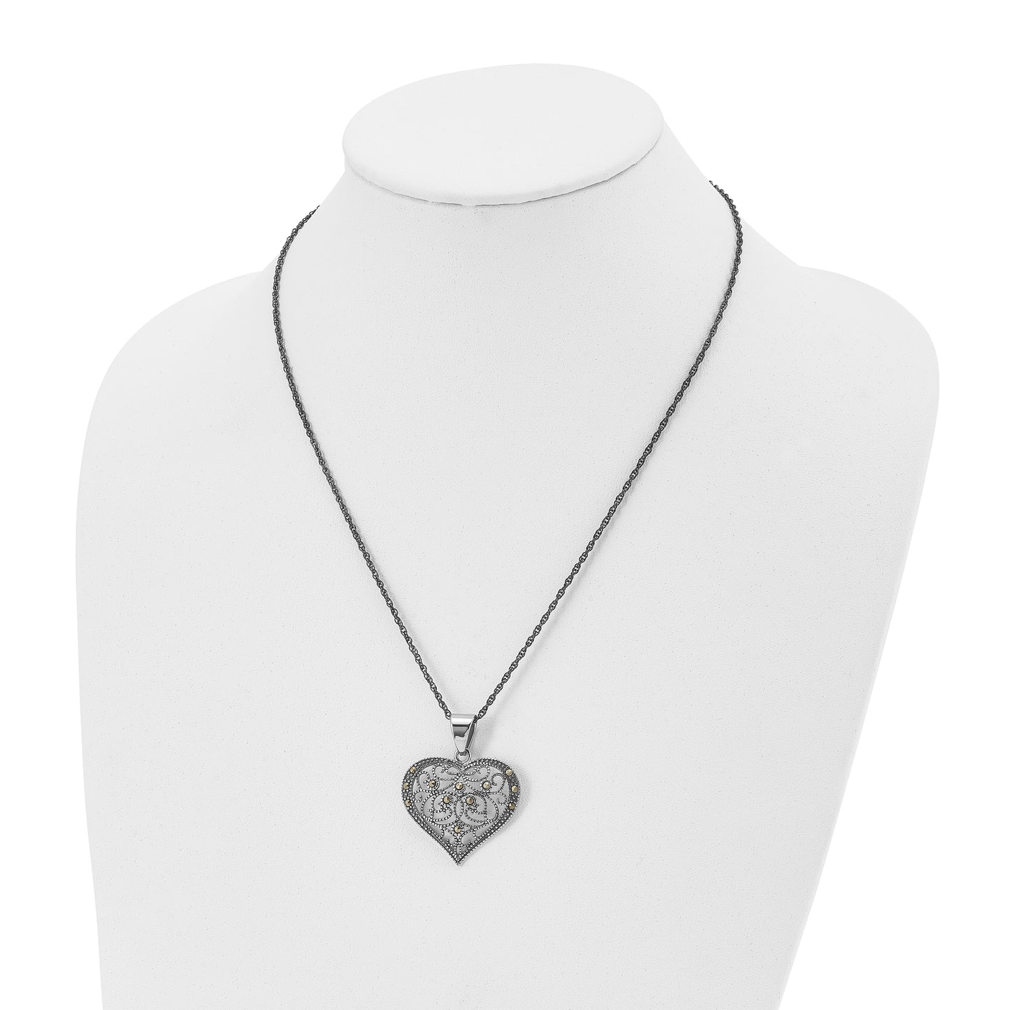 Stainless Steel Chisel Antiqued And Polished With Marcasite Heart Pendant On A 20 Inch Singapore Chain Necklace