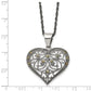 Stainless Steel Chisel Antiqued And Polished With Marcasite Heart Pendant On A 20 Inch Singapore Chain Necklace