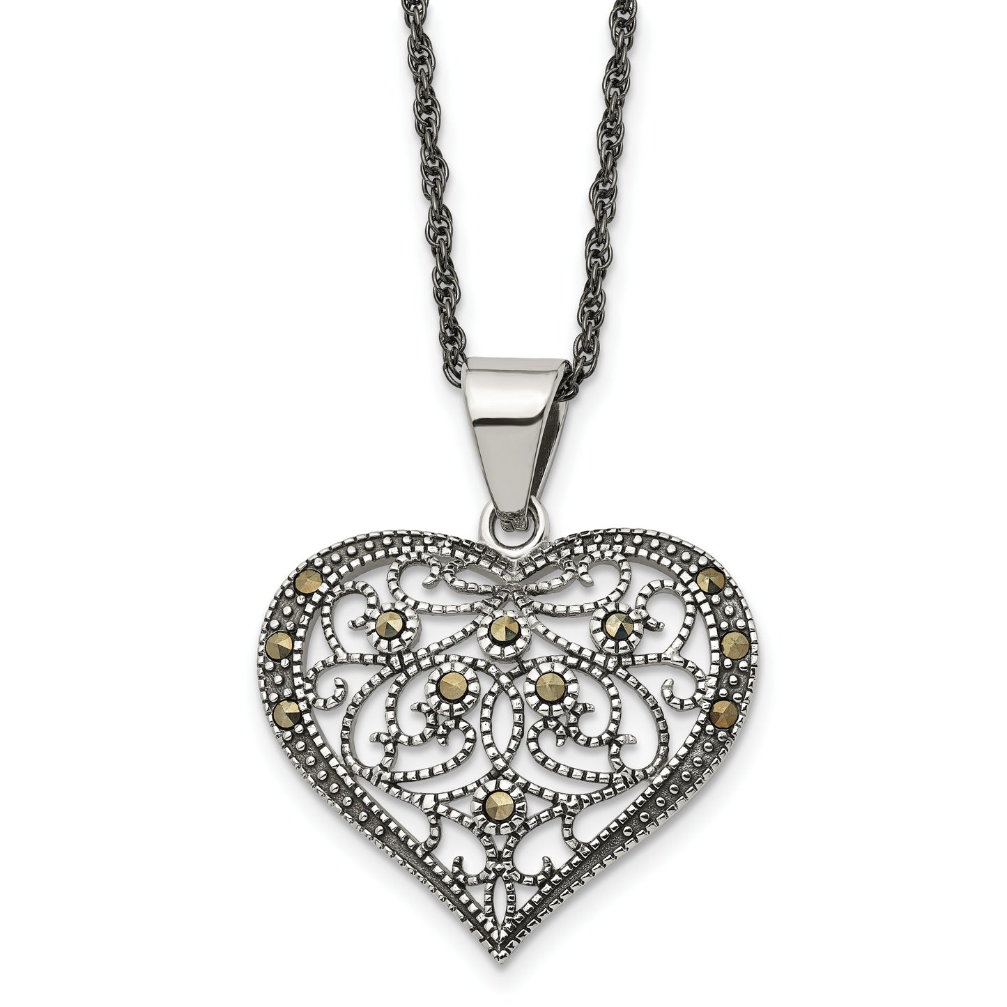 Stainless Steel Chisel Antiqued And Polished With Marcasite Heart Pendant On A 20 Inch Singapore Chain Necklace