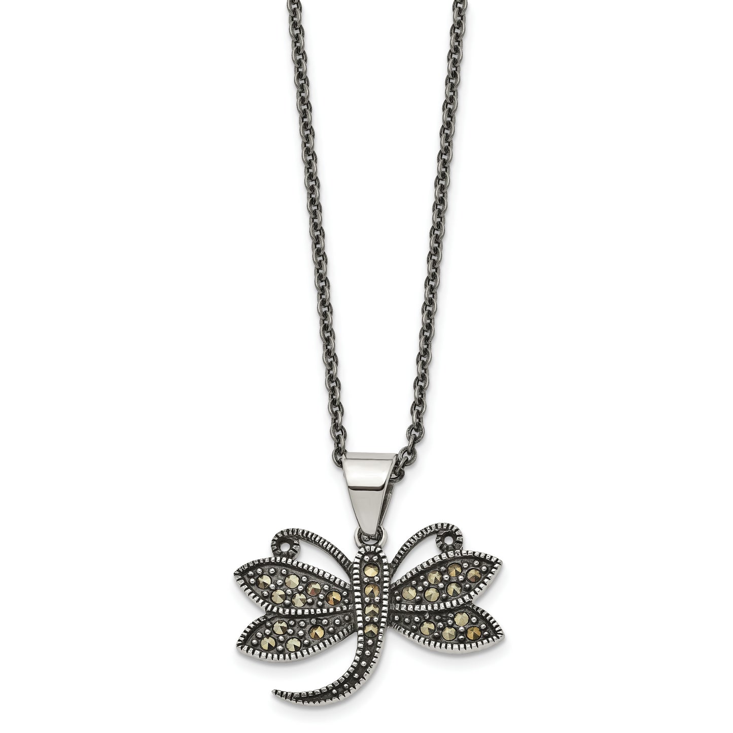 Stainless Steel Chisel Antiqued And Polished With Marcasite Dragonfly Pendant On An 18 Inch Cable Chain Necklace