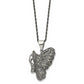 Stainless Steel Chisel Antiqued And Polished With Marcasite Butterfly Pendant On A 20 Inch Singapore Chain Necklace