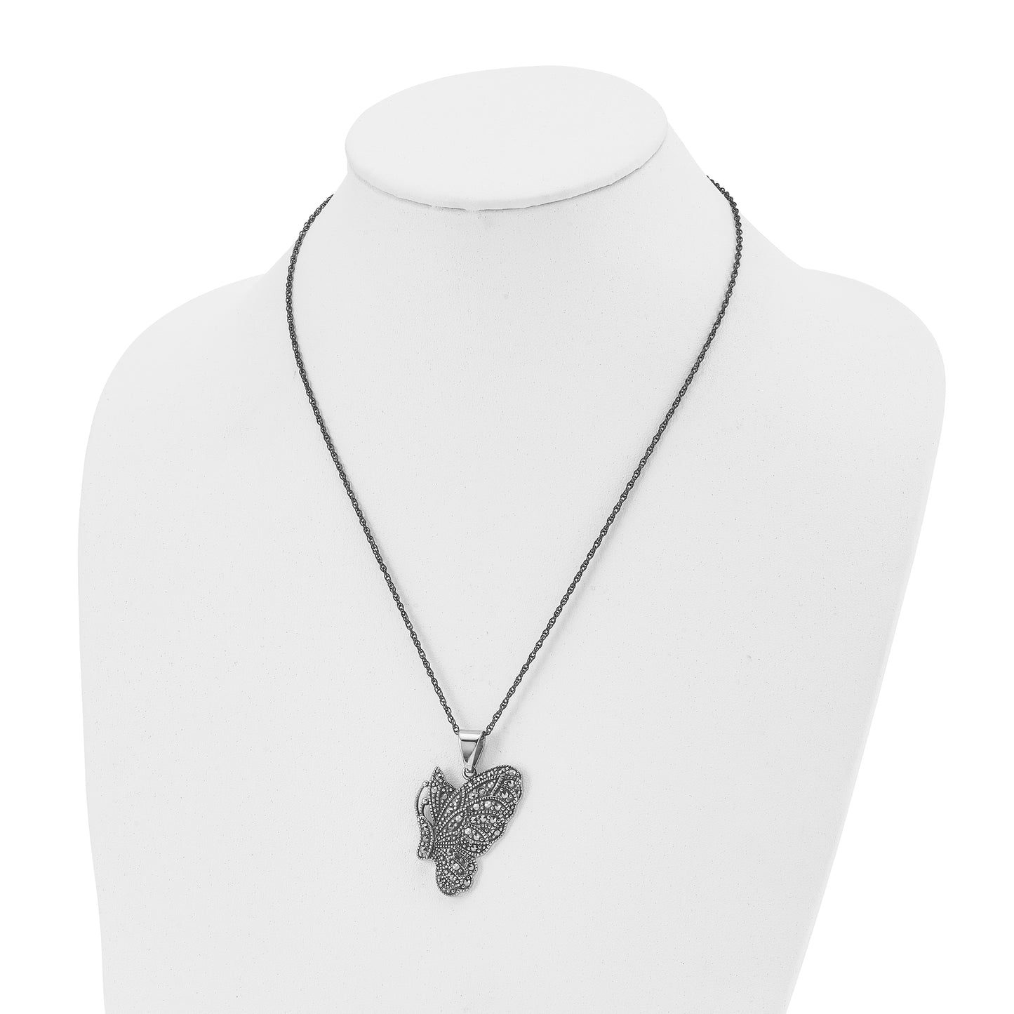 Stainless Steel Chisel Antiqued And Polished With Marcasite Butterfly Pendant On A 20 Inch Singapore Chain Necklace