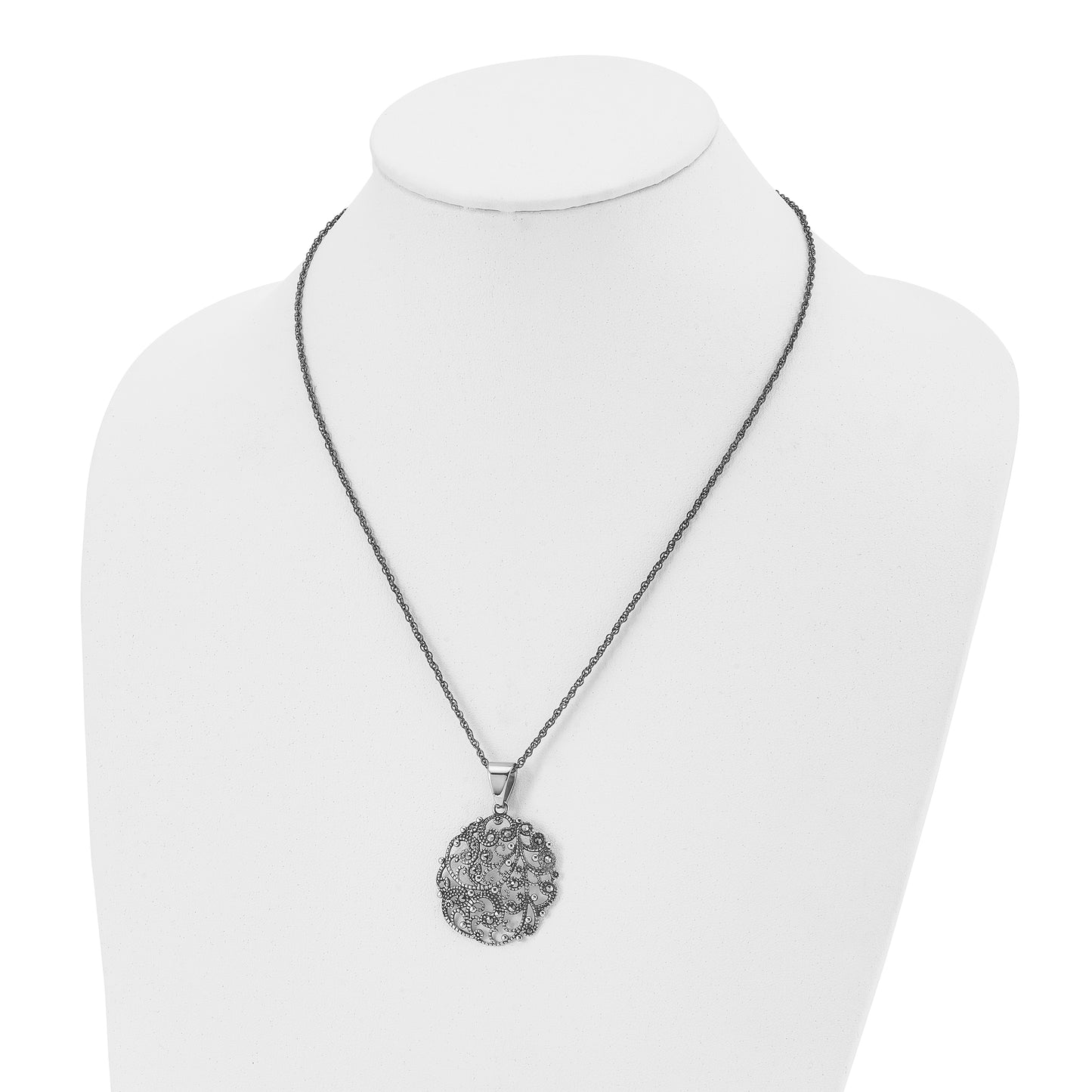 Stainless Steel Chisel Antiqued And Polished Marcasite Circle Pendant On A 20 Inch Singapore Chain Necklace