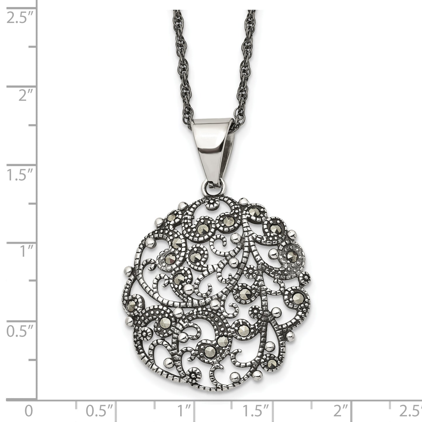 Stainless Steel Chisel Antiqued And Polished Marcasite Circle Pendant On A 20 Inch Singapore Chain Necklace