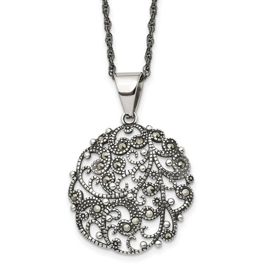 Stainless Steel Chisel Antiqued And Polished Marcasite Circle Pendant On A 20 Inch Singapore Chain Necklace