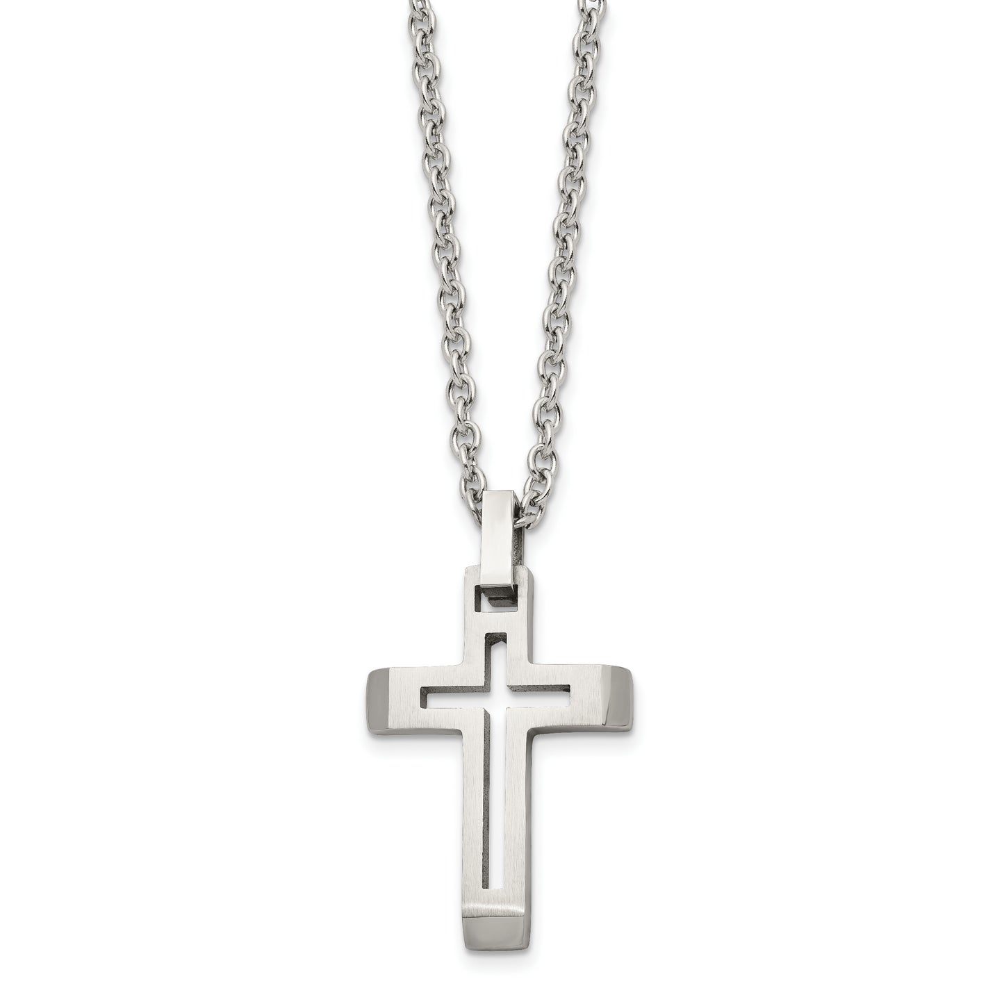 Stainless Steel Chisel Brushed And Polished Cut-Out Cross Pendant On A 20 Inch Cable Chain Necklace