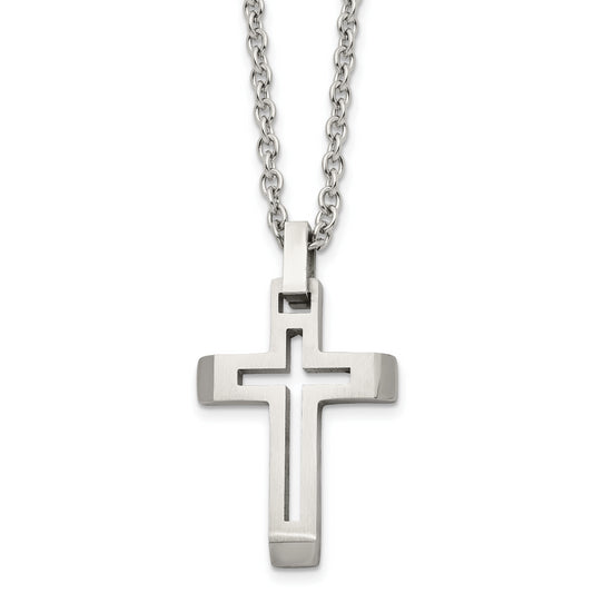 Stainless Steel Chisel Brushed And Polished Cut-Out Cross Pendant On A 20 Inch Cable Chain Necklace