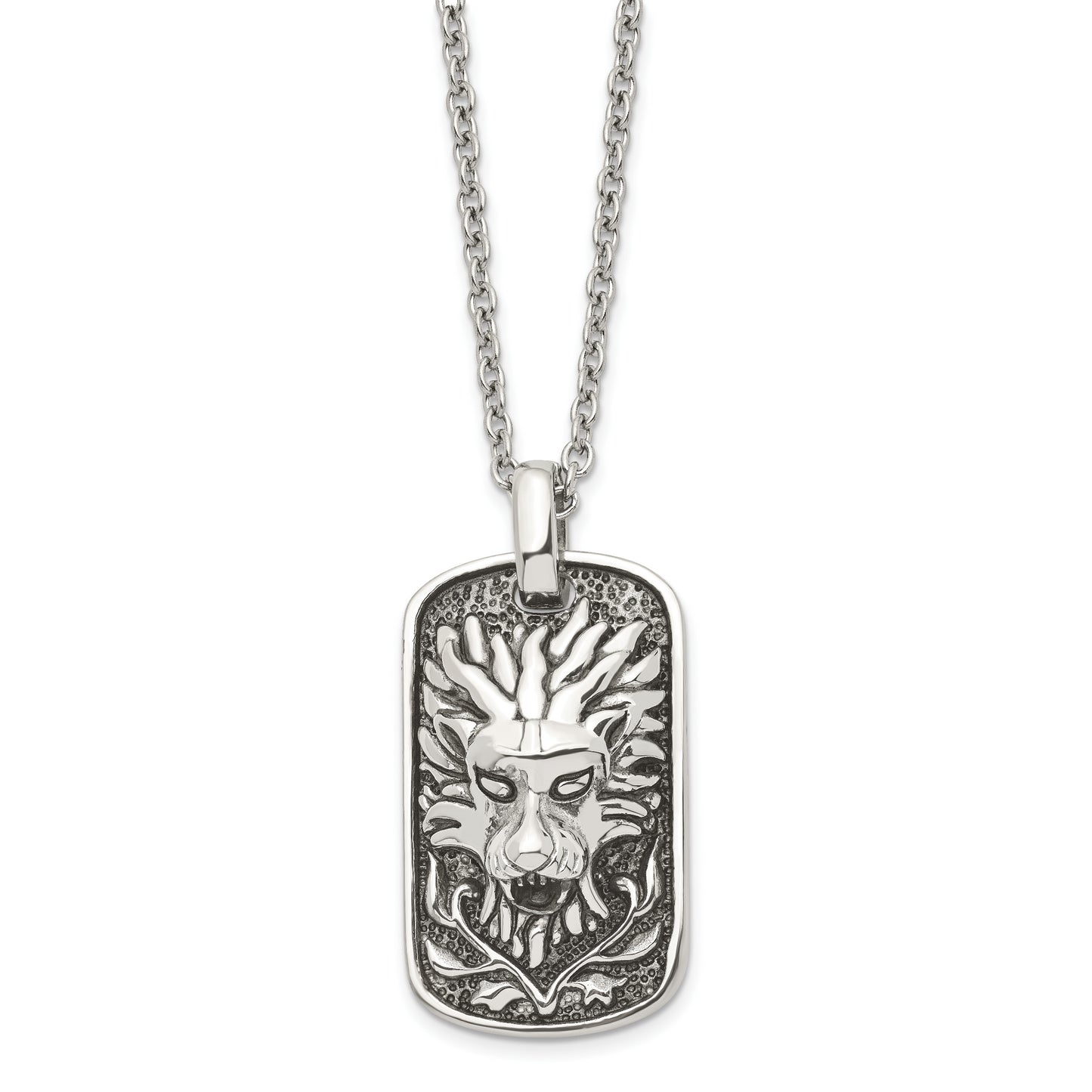 Stainless Steel Chisel Antiqued And Polished Mystical Lion Dog Tag On A 22 Inch Cable Chain Necklace