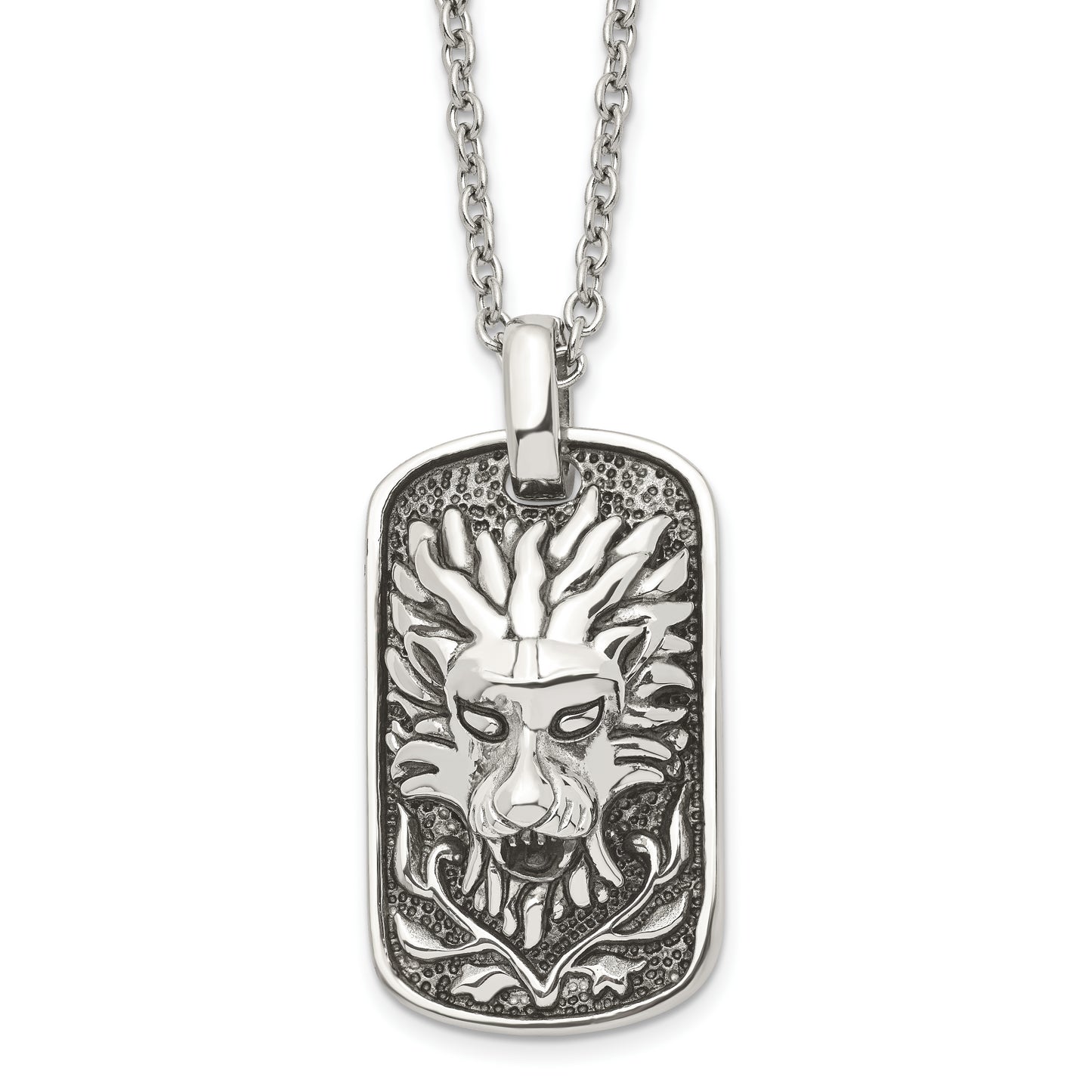 Stainless Steel Chisel Antiqued And Polished Mystical Lion Dog Tag On A 22 Inch Cable Chain Necklace