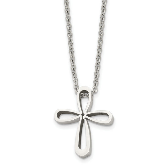 Stainless Steel Chisel Polished Open Cross Pendant On An 18 Inch Cable Chain Necklace