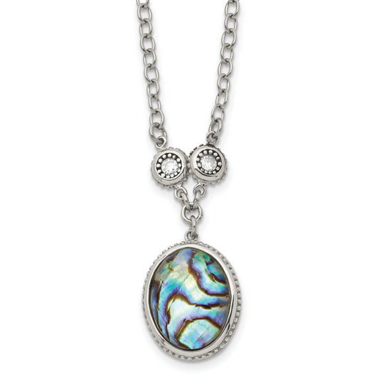 Stainless Steel Antiqued & Polished Imit. Abalone/Cz W/1.5In Ext Necklace