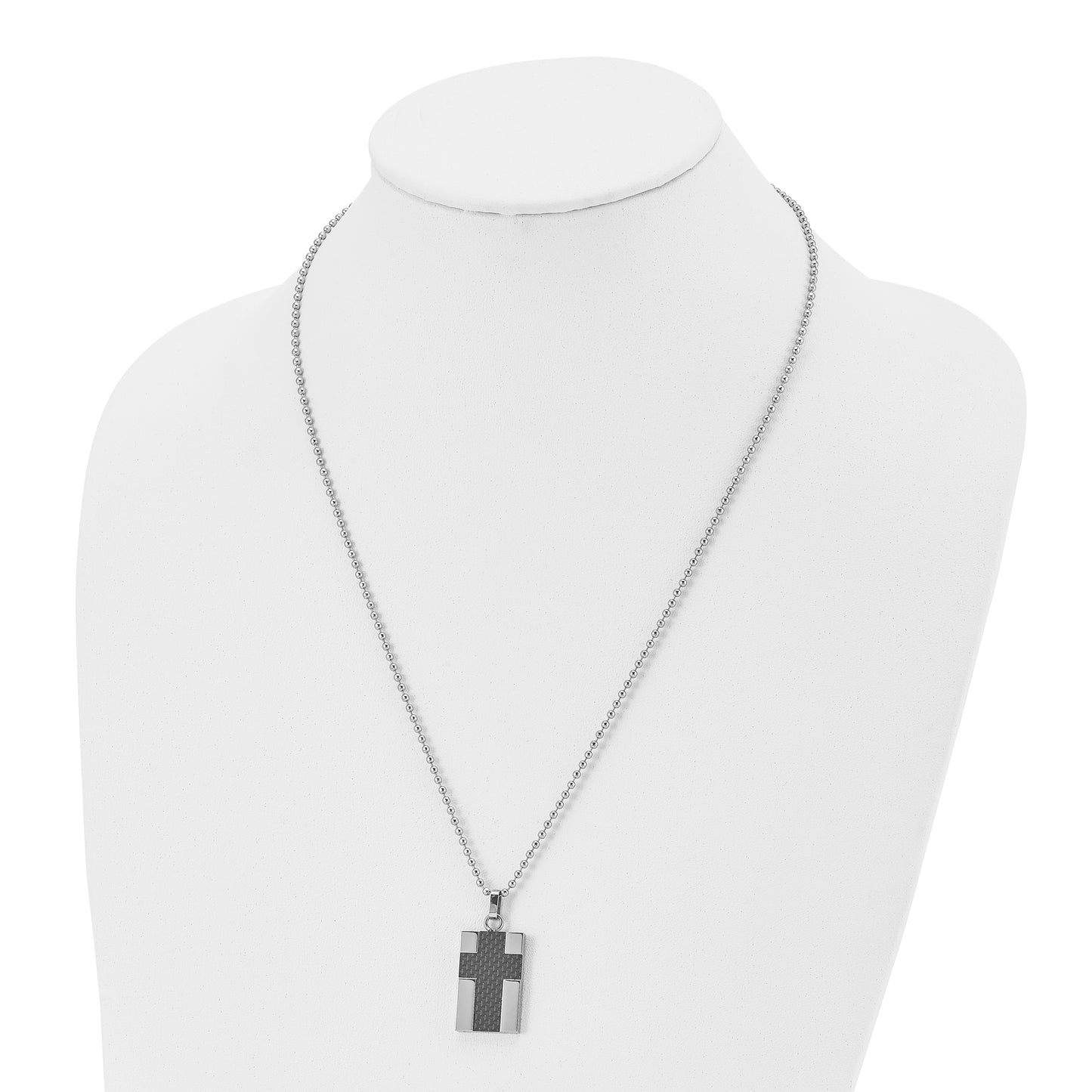 Stainless Steel Chisel Polished Carbon Fiber Inlay Cross Pendant On A 22 Inch Ball Chain Necklace