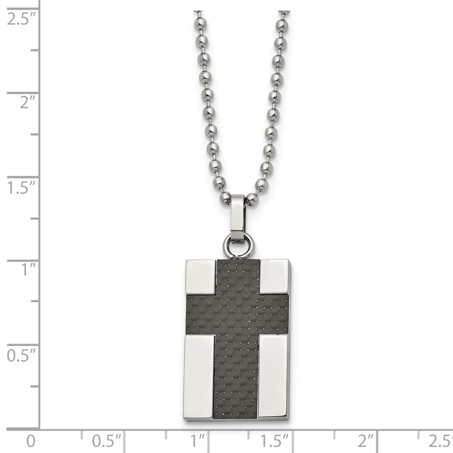 Stainless Steel Chisel Polished Carbon Fiber Inlay Cross Pendant On A 22 Inch Ball Chain Necklace