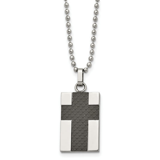 Stainless Steel Chisel Polished Carbon Fiber Inlay Cross Pendant On A 22 Inch Ball Chain Necklace