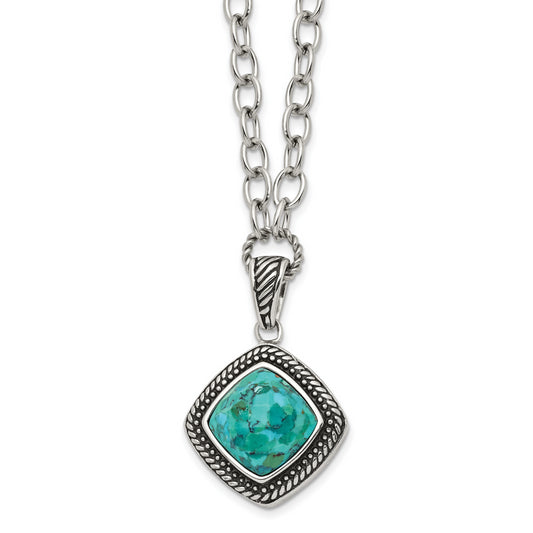 Stainless Steel Chisel Antiqued And Polished Imitation Turquoise Pendant On A 20.5 Inch Open Link Chain Necklace