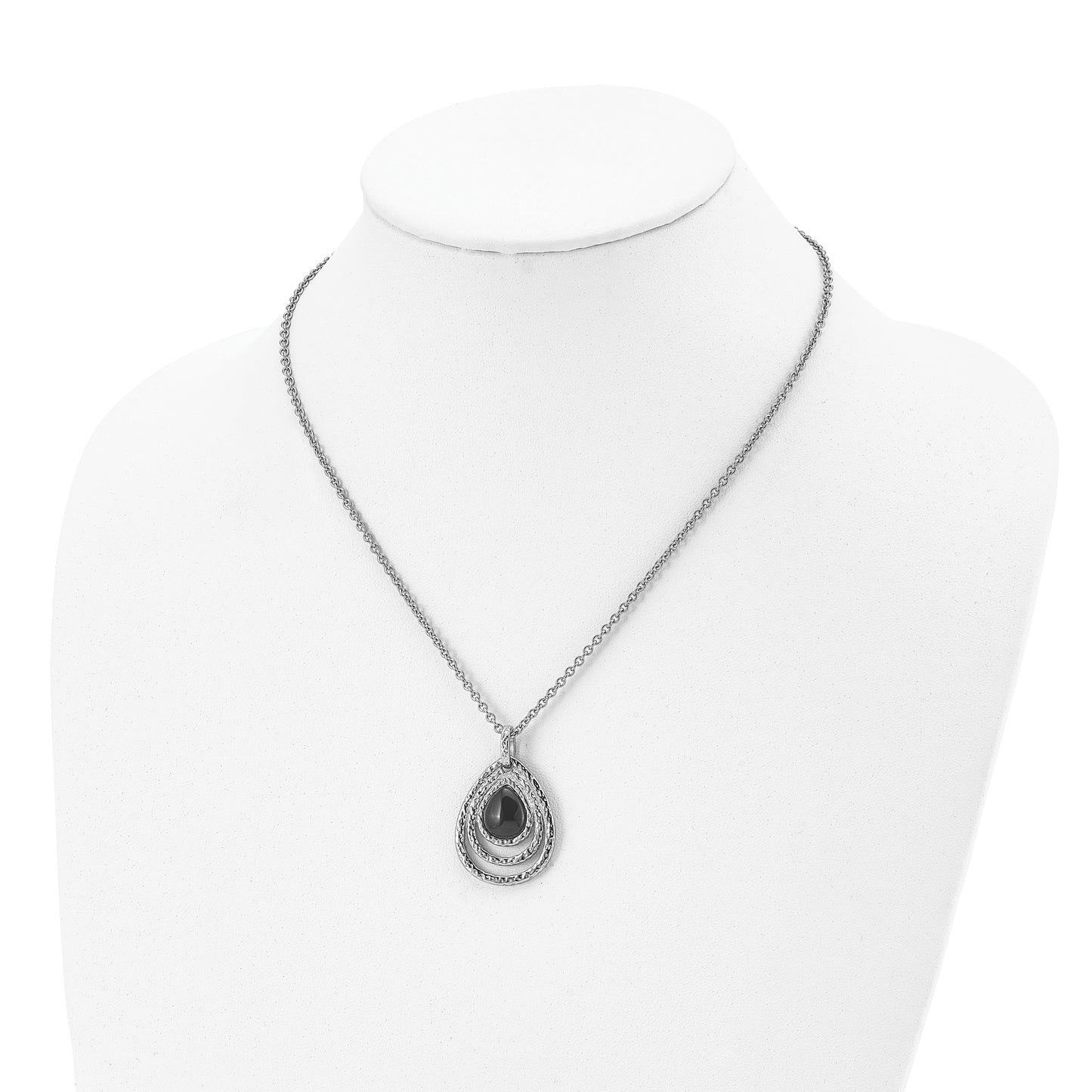 Stainless Steel Chisel Polished And Textured Black Onyx Pendant On An 18 Inch Cable Chain With A 2 Extension Necklace