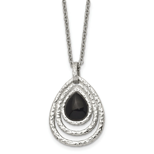 Stainless Steel Chisel Polished And Textured Black Onyx Pendant On An 18 Inch Cable Chain With A 2 Extension Necklace