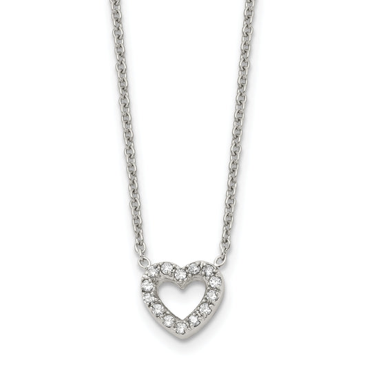 Stainless Steel Chisel Polished Cz Open Heart On An 18 Inch Cable Chain Necklace