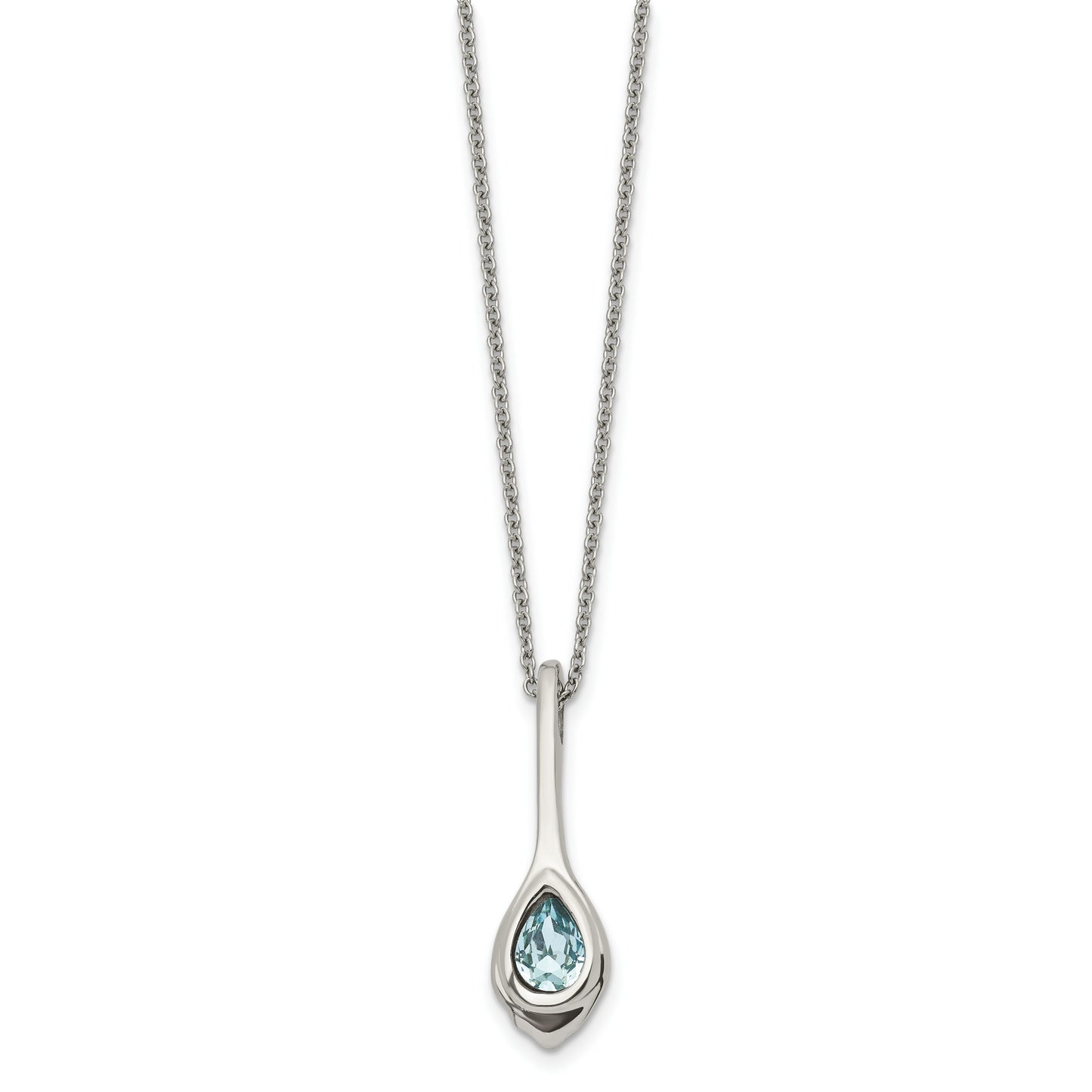 Stainless Steel Chisel Polished Blue Glass Teardrop Pendant On A 17.75 Inch Cable Chain With 2 Extension Necklace