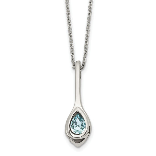 Stainless Steel Chisel Polished Blue Glass Teardrop Pendant On A 17.75 Inch Cable Chain With 2 Extension Necklace