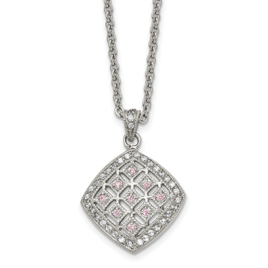 Stainless Steel Chisel Polished Clear And Pink Cz Square Pendant On A 18 Inch Cable Chain Necklace